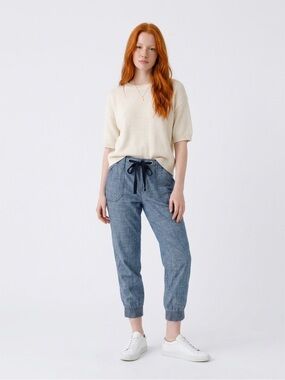 Juicy Couture Chambray Drawstring Ankle Jeans in Light Blue with Navy Tie